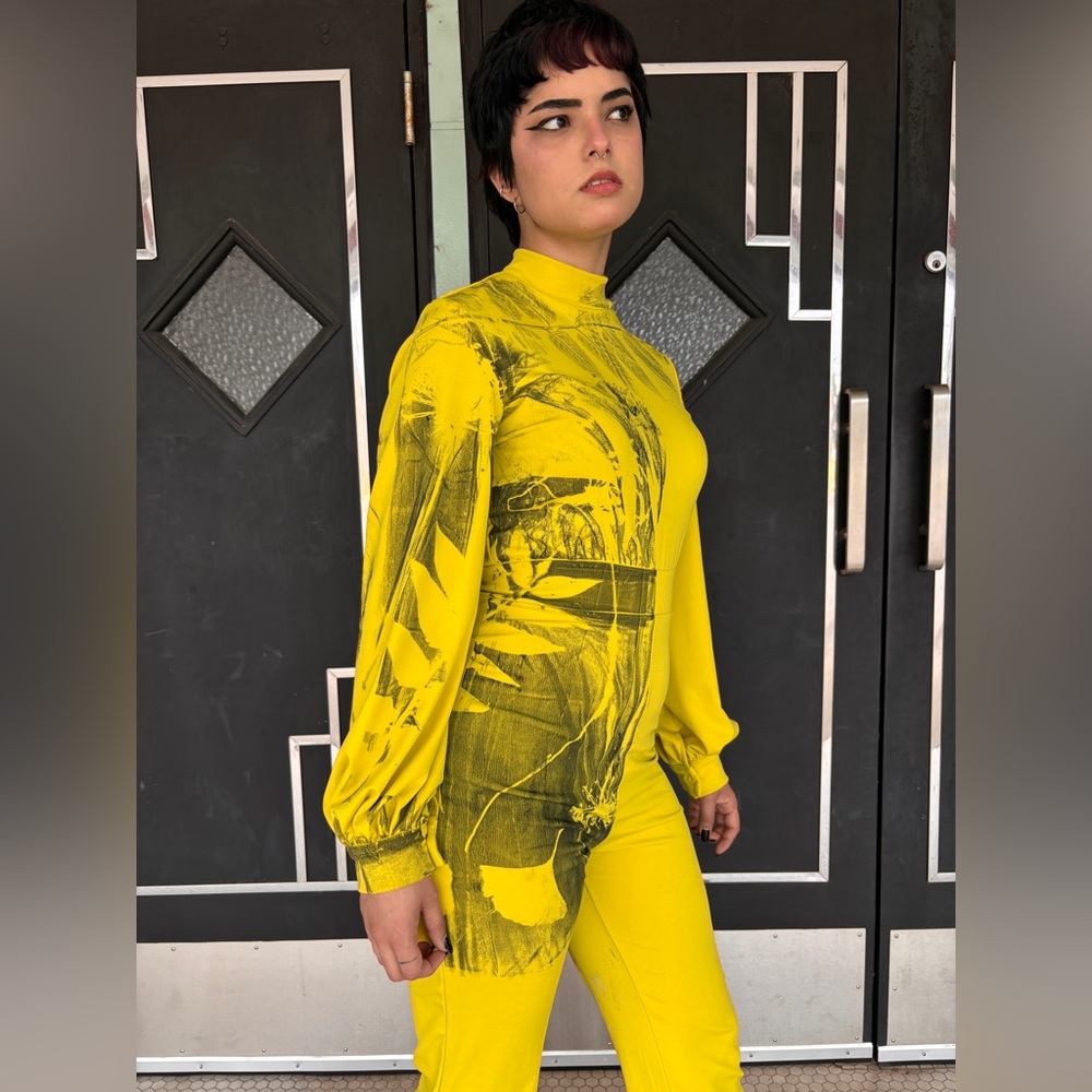 EveSkywalker Upcycled Botanical Print OCRE Princess Long Sleeved Jumpsuit. Sz 8